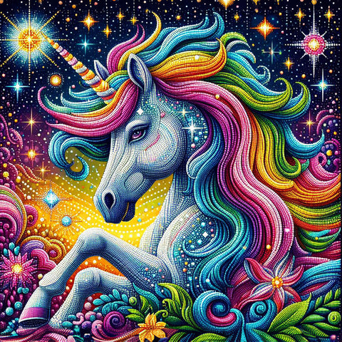 Image of Diamond painting of a majestic unicorn with a shimmering rainbow mane, sparkly horn, and coat.