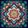 Diamond painting mandala featuring a floral design with blue feathers.