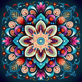 Diamond painting mandala featuring a floral design with pink and teal feathers.