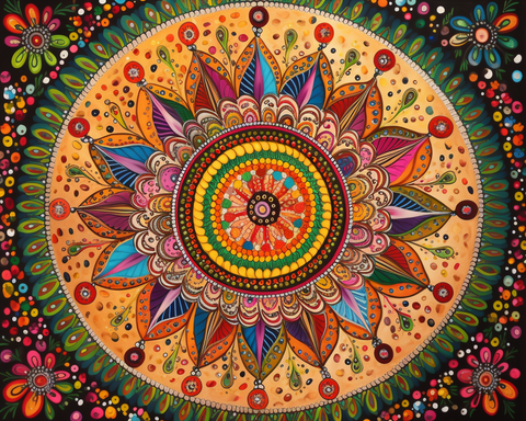 Image of Diamond painting of a colorful mandala with a floral pattern in shades of pink, orange, and yellow.