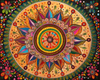 Diamond painting of a colorful mandala with a floral pattern in shades of pink, orange, and yellow.