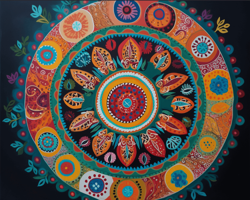 Diamond painting mandala featuring a floral design in shades of purple and green.