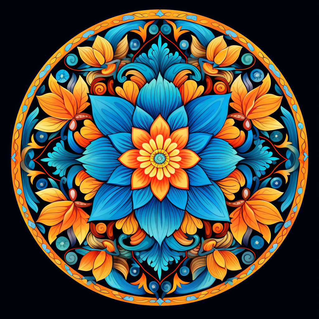 Diamond painting mandala featuring a blue and green floral design.