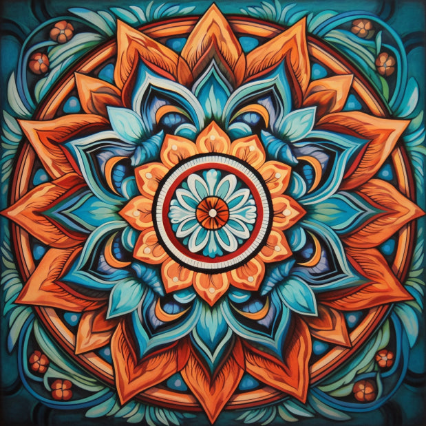 Diamond painting mandala with a geometric design in shades of blue.