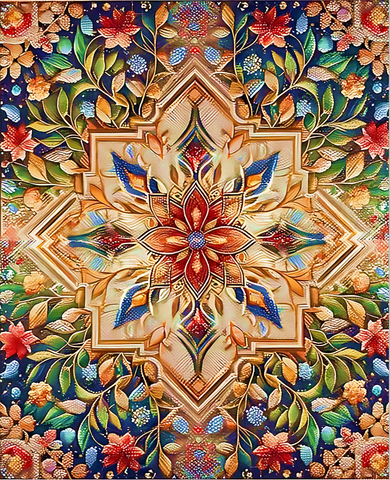 Image of Diamond painting of a colorful mandala with intricate geometric patterns in shades of pink, purple, and blue.