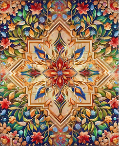 Diamond painting of a colorful mandala with intricate geometric patterns in shades of pink, purple, and blue.