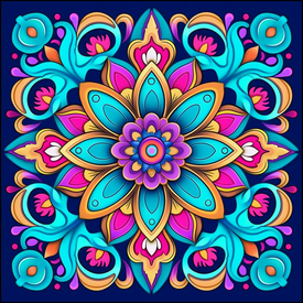 Diamond painting mandala featuring a pink and purple geometric starburst design.