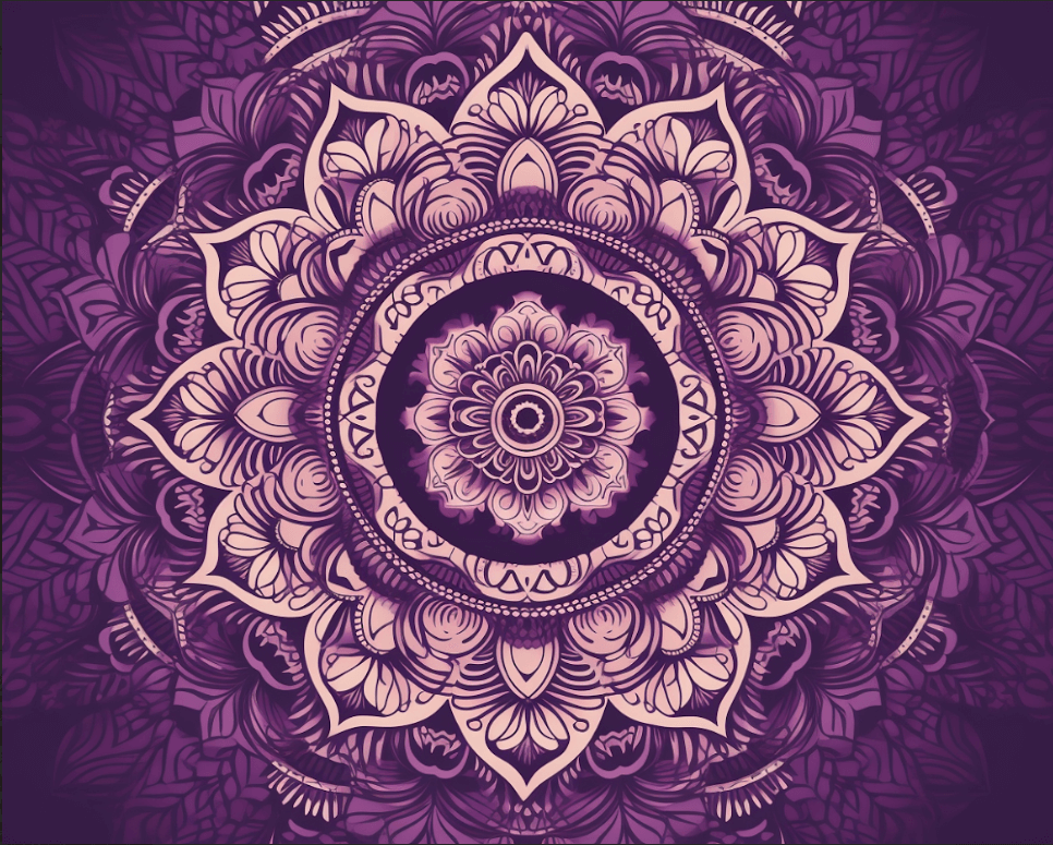 Diamond painting mandala with a symmetrical floral design in shades of purple and white.