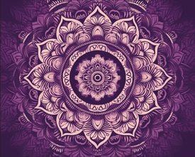 Diamond painting mandala with a symmetrical floral design in shades of purple and white.