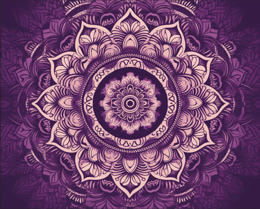 Diamond painting mandala with a symmetrical floral design in shades of purple and white.