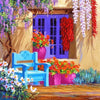 diamond painting of a colorful Mediterranean house with flowers and a blue bench