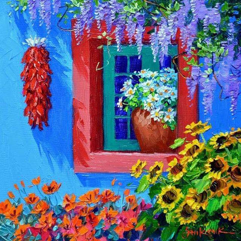 Image of diamond painting of a colorful Mediterranean house with flowers and a window