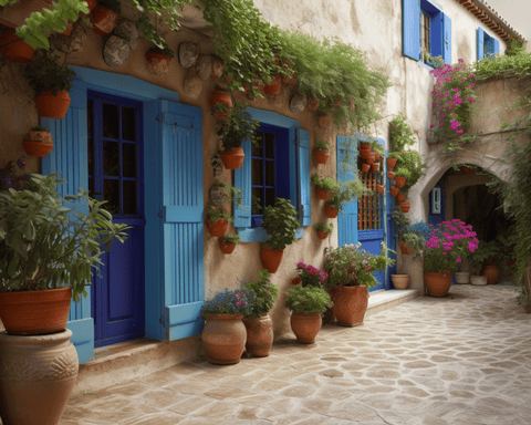 Image of diamond painting of a beautiful Mediterranean house with colorful flowers and pots