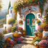 Diamond painting of a colorful Mediterranean village overlooking a sparkling coastline.