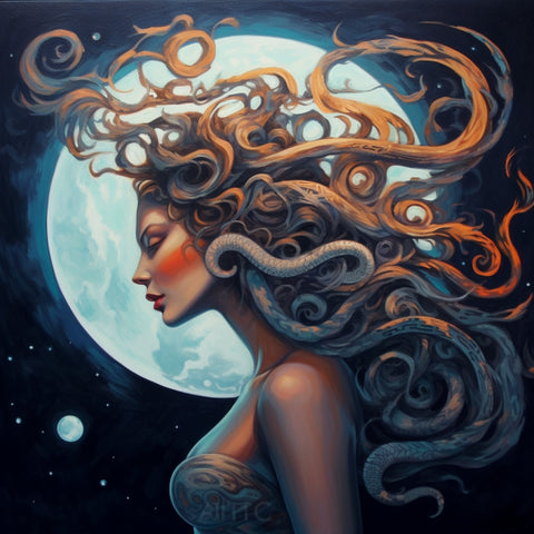 Image of diamond painting of Medusa under the full moon