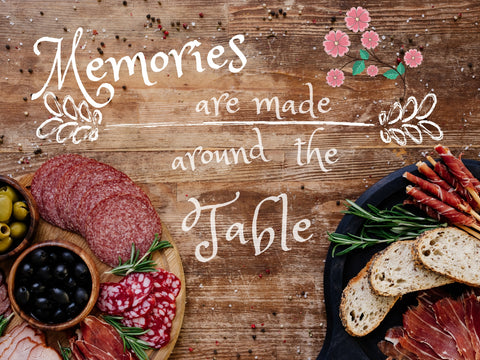 Image of diamond painting of the quote "Memories are made around the table" with food