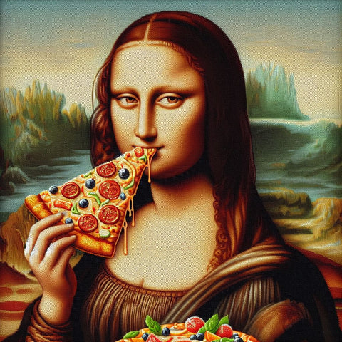 Image of Diamond painting of a humorous recreation of the Mona Lisa holding a slice of pizza.