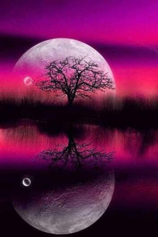 Image of diamond painting of a large moon reflecting on a lake with a tree