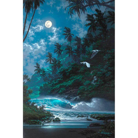 Image of diamond painting of a tropical beach at night with a full moon