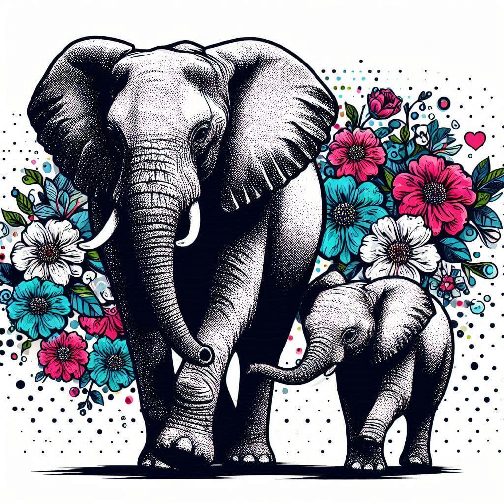 Diamond painting of a mother elephant and her calf, surrounded by colorful wildflowers.