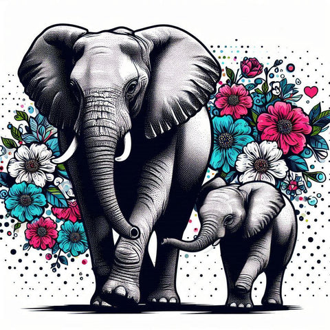 Image of Diamond painting of a mother elephant and her calf, surrounded by colorful wildflowers.