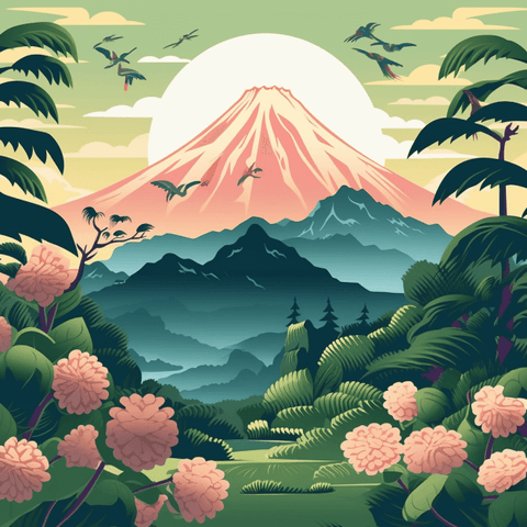 Image of diamond painting of Mount Fuji with birds and flowers