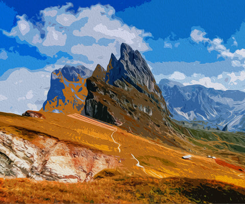 Image of diamond painting of a mountain landscape with a clear sky