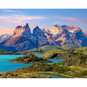 diamond painting of a mountain range with a lake and forest