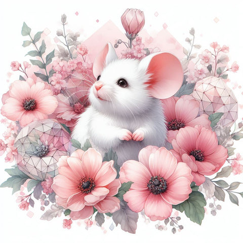 Image of Diamond painting of a field mouse peeking out from colorful meadow flowers. 