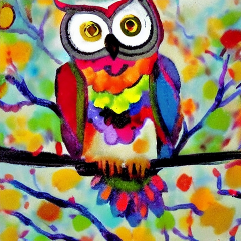 Image of Diamond painting of a multicolored owl with orange eyes, perched on a branch.