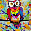 Diamond painting of a multicolored owl with orange eyes, perched on a branch.