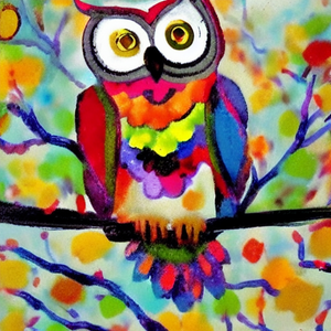 Diamond painting of a multicolored owl with orange eyes, perched on a branch.