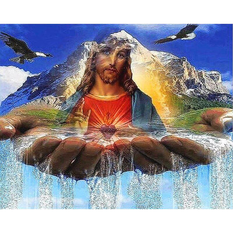 Image of Diamond painting of nature with a serene image of Jesus Christ in the background