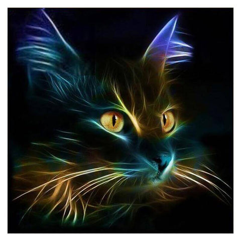 Image of diamond painting of a glowing cat with bright eyes