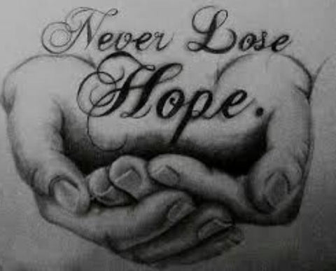 Image of diamond painting of hands holding the words "Never Lose Hope"