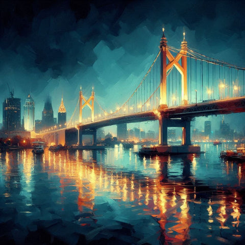 Image of A sparkling diamond painting of a majestic bridge illuminated at night in a fictional cityscape.