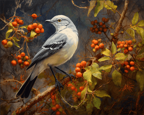 Image of diamond painting of a Northern Mockingbird perched on a branch with berries