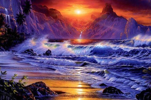 Image of Diamond painting of a dramatic ocean sunset with fiery orange and pink hues. Crashing waves churn the water, casting long shadows against the colorful sky.