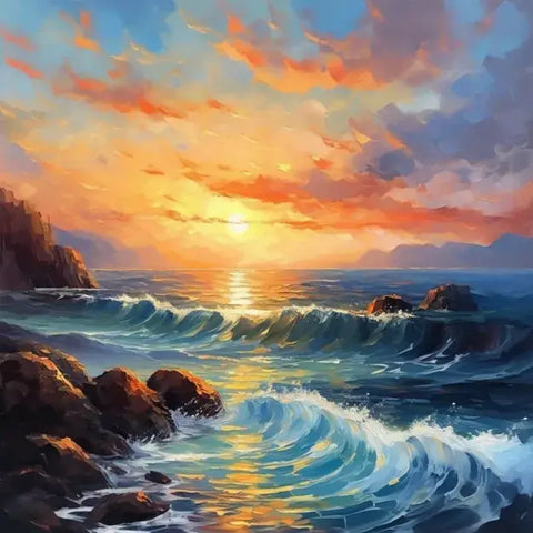 Image of Diamond painting of a dramatic ocean sunset with fiery orange and pink hues, crashing waves silhouetted against the colorful sky.