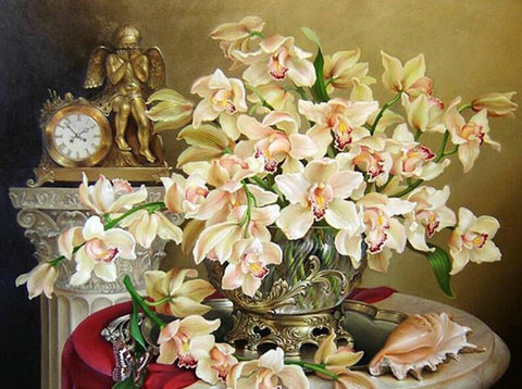 Image of diamond painting of a bouquet of white orchids in a vase