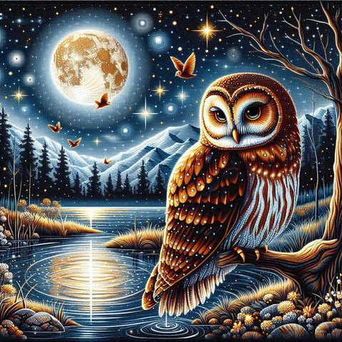 Image of Diamond painting of a realistic owl perched on a tree branch at night.