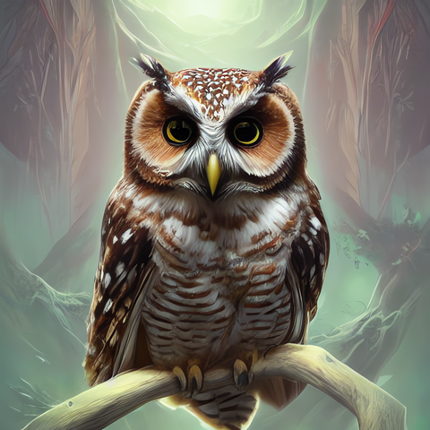 Image of Diamond painting of an owl with piercing yellow eyes and a brown speckled chest, perched on a tree branch