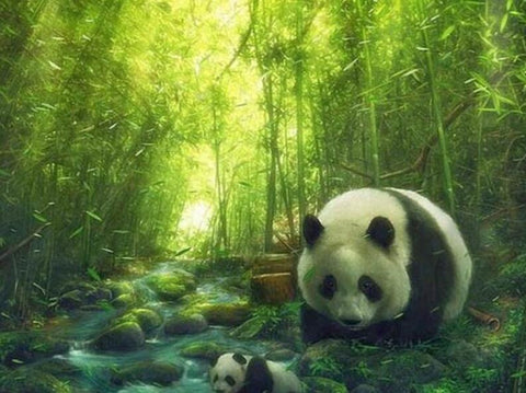 Image of diamond painting of a panda and cub in a bamboo forest