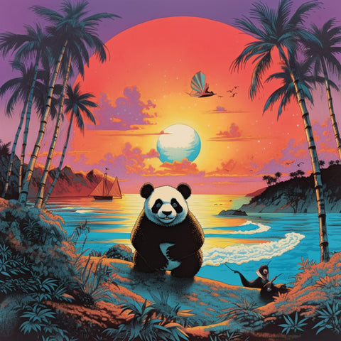 Image of diamond painting of a panda on a tropical beach at sunset