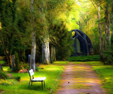 diamond painting of a park with a bench, trees, and a sculpture