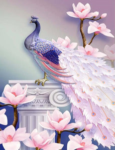 diamond painting of a pink peacock with magnolia flowers