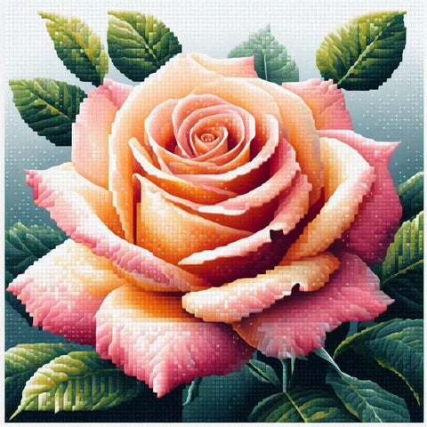 Image of Diamond painting of a stunning peach-colored rose in full bloom with green leaves.