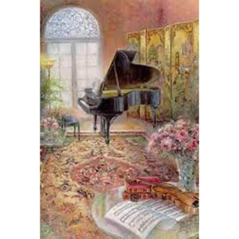 Image of diamond painting of a grand piano in a room with flowers and music books