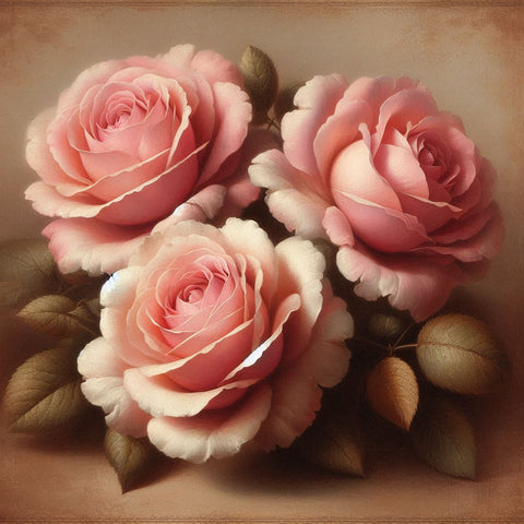 Image of Diamond painting of realistic pink roses in full bloom.