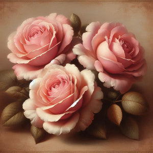 Diamond painting of realistic pink roses in full bloom.